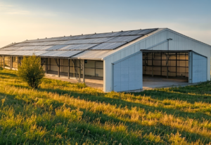 Bâtiment industriel équipé de panneaux photovoltaïques en toiture, illustrant les enjeux d’assurance liés aux installations solaires, aux risques électriques et à la protection des infrastructures énergétiques.